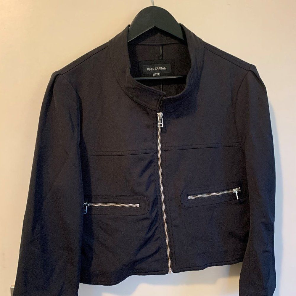Pink Tartan short black jacket, EUC Sz 10, lots of detail, body con with stretch